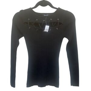 New Look Womens Black Ribbed Knit Lace Up Cutout  Sweater Top Size M NWT